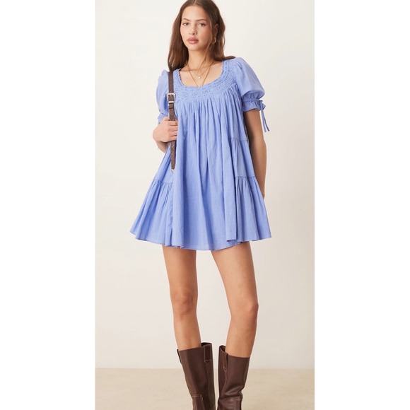 Free People Dresses & Skirts - Free People Sandy Shores Mini Dress Blue Eyelet Smocked Tiered Babydoll  L